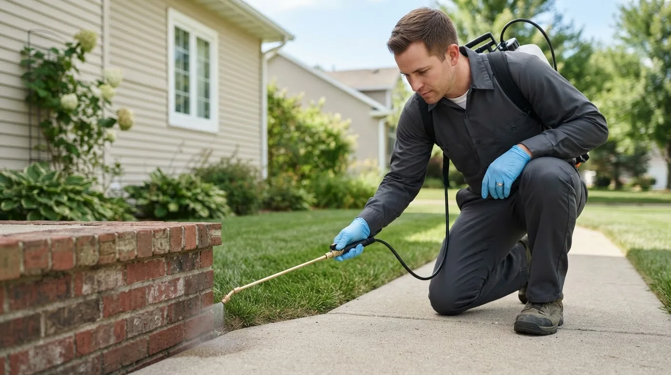 Pest control technician treating a home near New Castle, DE